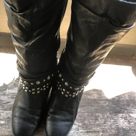 Kelly & Katie Becca Black Leather Studs Knee High Boots Size 8.5M - Picture 4 of 15